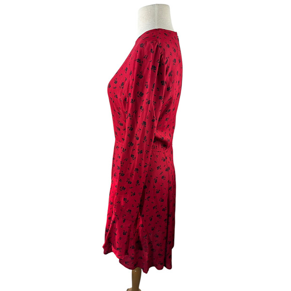 Reformation Red & Black Floral Print Mini Dress Bell Sleeve Ruffle Women's Large - Picture 10 of 16